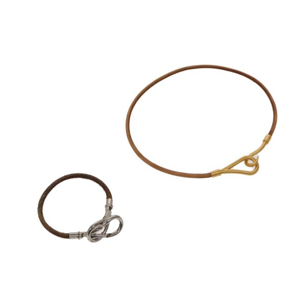 HERMES Bracelet Necklace Leather 2Set Beige Auth - Picture 1 of 16